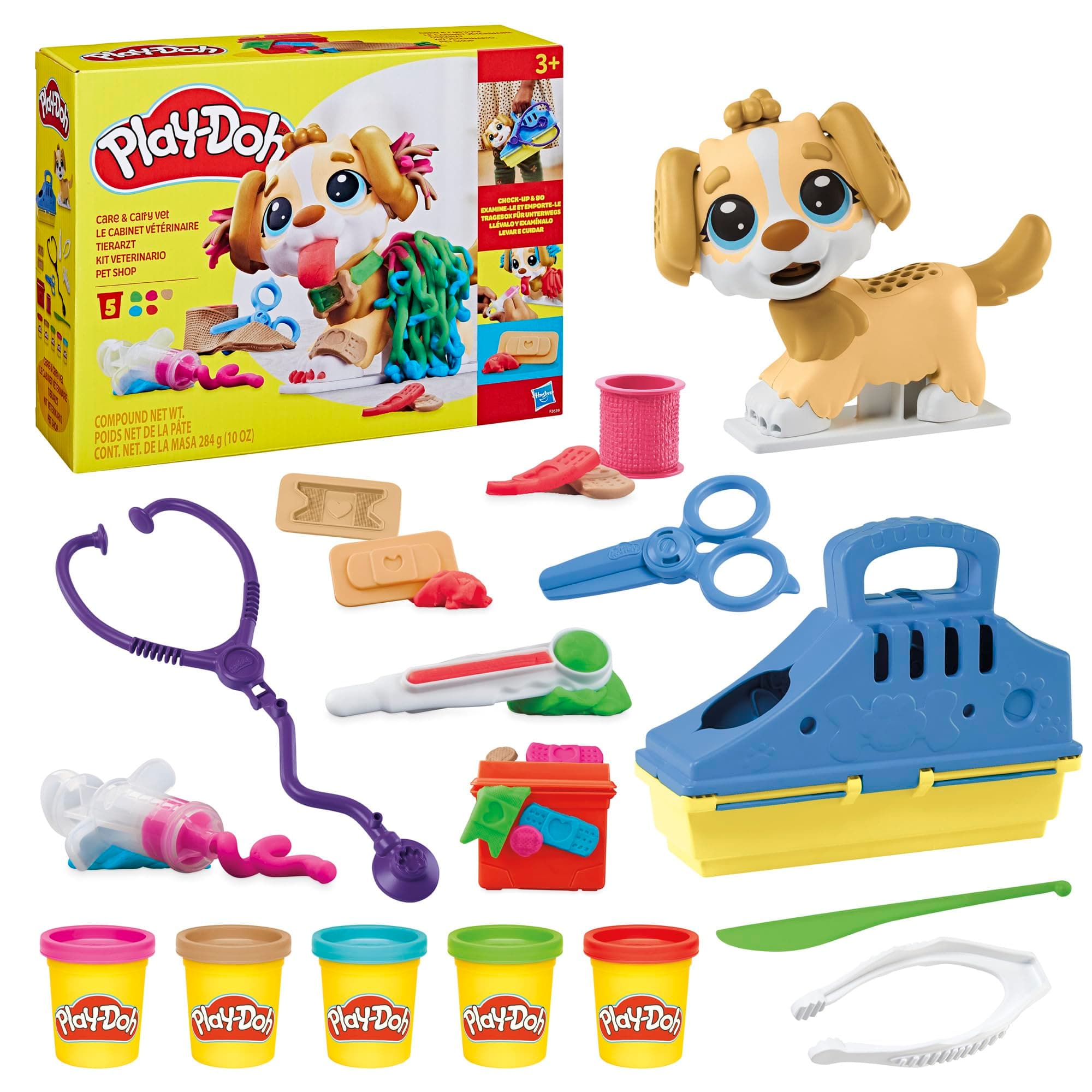 Play-Doh Care n Carry Vet Playset with Toy Dog, Carrier, 10 Tools, 5 Colours, Multicolor